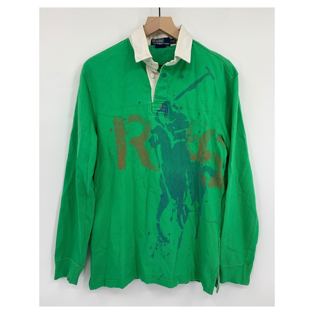 Vintage Polo Ralph Lauren Rugby Shirt Mens Medium Green Big Pony Distressed